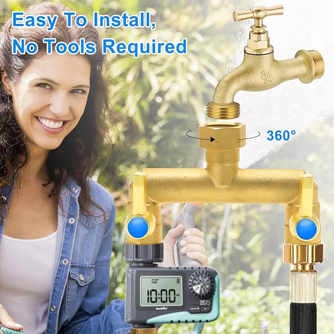 Garden Hose Splitter Full Flow, 2 Way Heavy Duty Outdoor Brass Hose Splitter with Metal Shutoff Valve and Long Handle Outdoor Faucet Diverter, 3/4" GHT Threads，Water Flow Increase