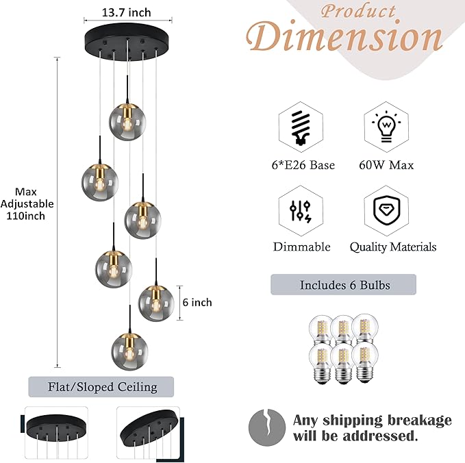KoKo&Yukina Gold 6-Light Globe Chandelier Modern Globe Pendant Light Dining Light Fixtures Ceiling Hanging Stairwell Lighting Adjustable Staircase Lights Grey Glass Light Fixture for Kitchen