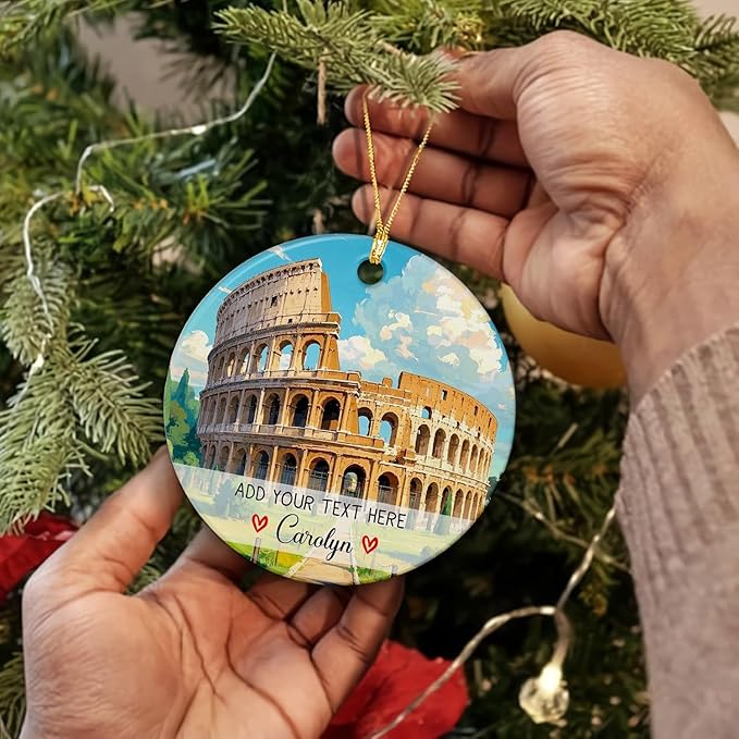 Customized Rome Colosseum Italy Ceramic Ornament 2025, Personalized Text/Name Rome Colosseum Christmas Tree Decor Ornament, Italy Travel Souvenir Collection Xmas Ornaments Gift for Family Friends