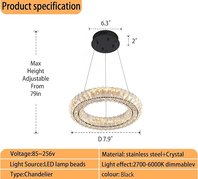 Modern LED Chandelier 1 Ring 8.7in Pendant Light for Kitchen Island Dimmable LED Ceiling Light Black Pendant Light for Dining Room Bedroom Living Room