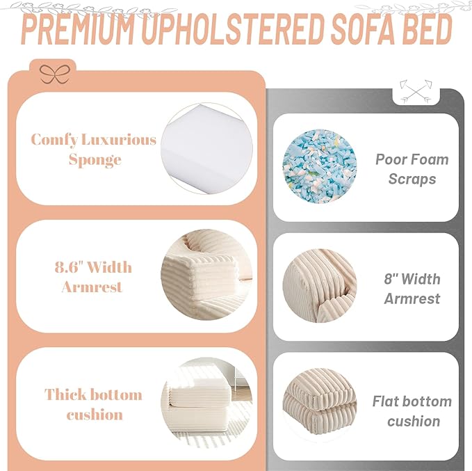 55 Inch Chaise Lounge Indoor - Oversized Chaise Lounge with 4 Throw Pillows and Armrets, Upholstered Plush Sofa Bed, Corduroy Lazy Chair Bed, Sleeper Chair for Living Room or Bedroom, Beige
