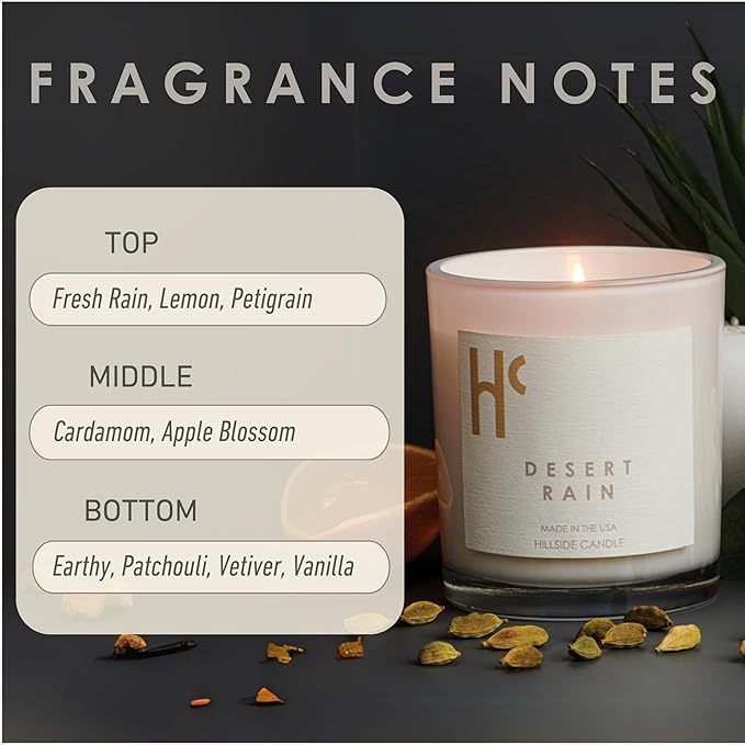 Desert Rain Single Wick Soy Candles, Luxury Scented Candles for Home - Up to 60 Hour Burn Time, Cruelty-Free Soy Wax Blend - Rain Fragrance, Notes of Cardamom & Apple Blossom (9 oz)