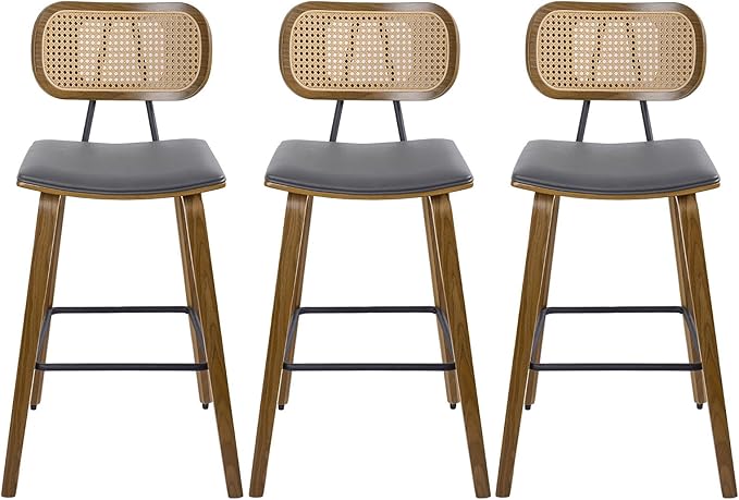 Counter Height Bar Stools Set of 3, Mid Century Modern Counter Stools, 26" Wood Kitchen Stool PU Leather Upholstered Barstools with Rattan Back, Counter Height Island Dining Bar Chair, Grey