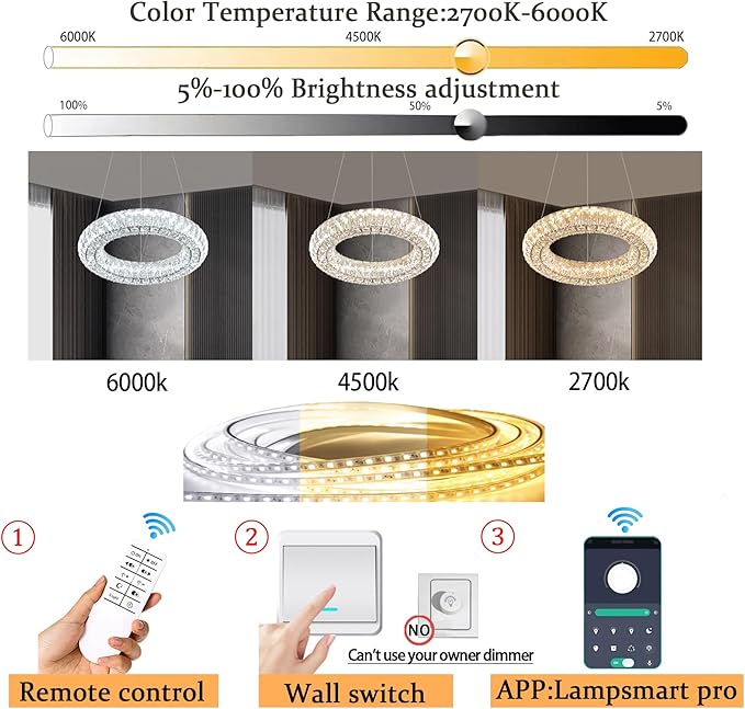 Modern Crystal Chandelier Dimmable LED 7.8" Ring Pendant Light Adjustable Round Chrome Crystal Chandelier Light Fixtures for Dining Room Living Room