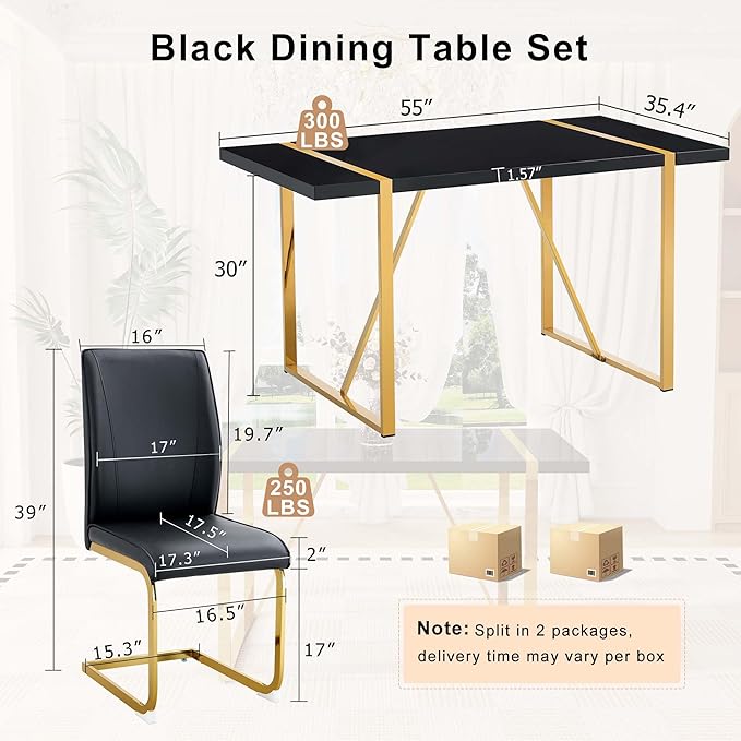 55" Black Dining Table Set for 4, 5 Piece Dining Table Set, 1.5" Black Glossy Wood Tabletop with Gold Metal Legs, Modern Kitchen Table Set with 4 Bow-legged Faux Leather Chairs for Dining, Small Space