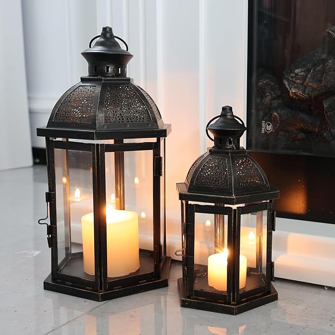 DECORKEY Large Lantern Decorative Outdoor & Indoor, Set of 2 (15’’&11’’) Metal Candle Lanterns Decor, Vintage Hanging Candle Holder for Front Porch Patio Wedding Farmhouse Home, Spring Decoration