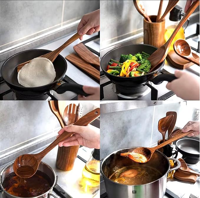 R&C 9-Piece Wooden Kitchen Utensil Set – Premium Teak Cooking Spoons, Spatulas & Strainer with Holder & Hooks – Eco-Friendly, Nonstick, Durable Wooden Cookware Gift Set