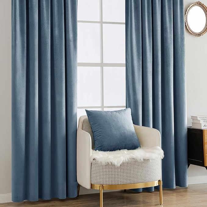 MIULEE Velvet Curtains 84 inches - Luxury Blackout Curtains for Bedroom Living Room Super Soft Light Blue Thermal Insulated Dusty Blue Window Drapes Back Tab, Stone Blue, W52 x L84 inches, 2 Panels