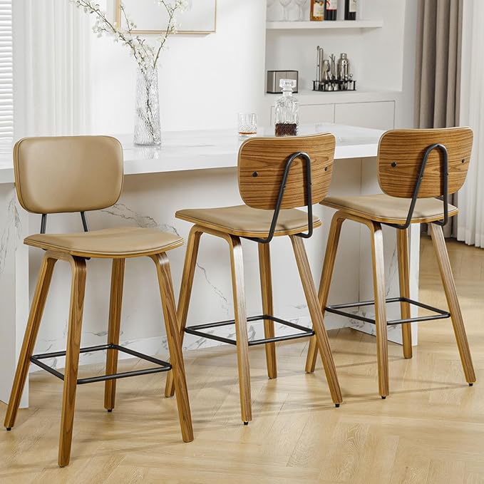 Counter Height Bar Stools Set of 3, PU Leather Upholstered Barstools with Backs, Bent Wood Legs, 26 Inch Seat Height, Mid Century Modern Counter Stools for Kitchen Island, Brown