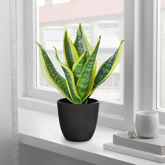 Fake Plant 11.22 Inch Fake Snake Plant Artificial Plants Indoor Sansevieria Faux Plants with Black Pot Artificial Snake Plant for Living Room Bathroom Office Table Centerpieces Shelf Home Decor