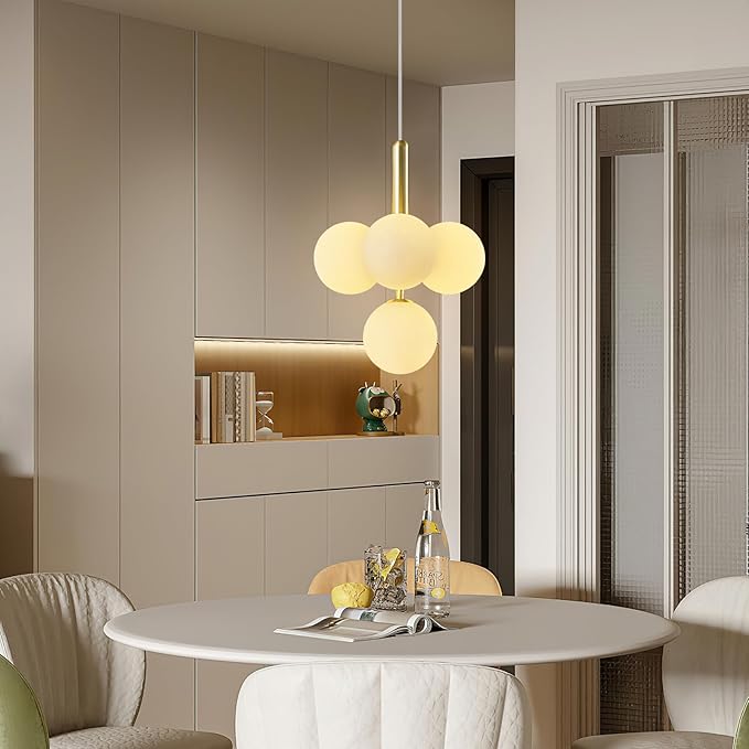4 Light Globe Chandelier Mid Century Pendant Light with Milky White Glass Shade Modern Gold Sputnik Chandeliers for Dining Room Living Room Bedroom Kitchen Island