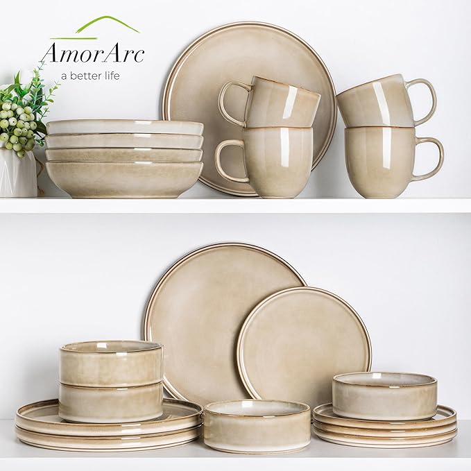AmorArc Ceramic Dinnerware Sets, Handmade Reactive Glaze Stoneware Plates and Bowls Sets,Highly Chip and Crack Resistant | Dishwasher & Microwave Safe Dishes Set, Service for 6 (18pc)