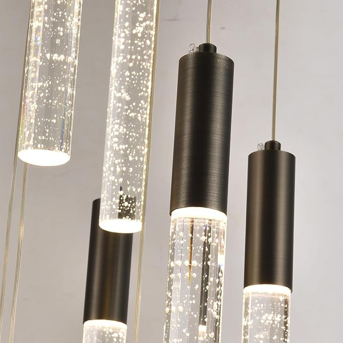 Round Black Chandelier, Modern Raindrop Hanging Lights, Large Dimmable High Ceiling Lamps, LED Crystal Pendant Lighting for Staircase Living Room Dining Room Farmhouse