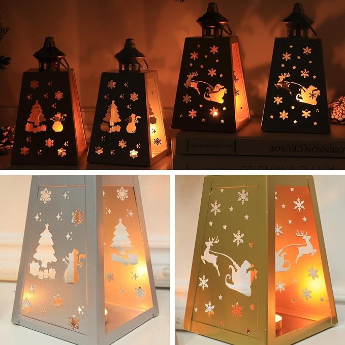 DECORKEY Christmas Decorations Outdoor&Indoor,4PCS Vintage Decorative Candle Lanterns for Home Centerpiece Table Decor Gift (2 Golden + 2 Silver, No Glass)