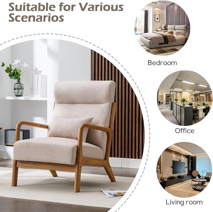 INZOY Mid Century Modern Accent Chair Set of 2, High Back Reading Armchair with Wood Frame, Upholstered Living Room Chairs with Waist Cushion, Single Lounge Arm Chair for Bedroom Sunroom, Beige