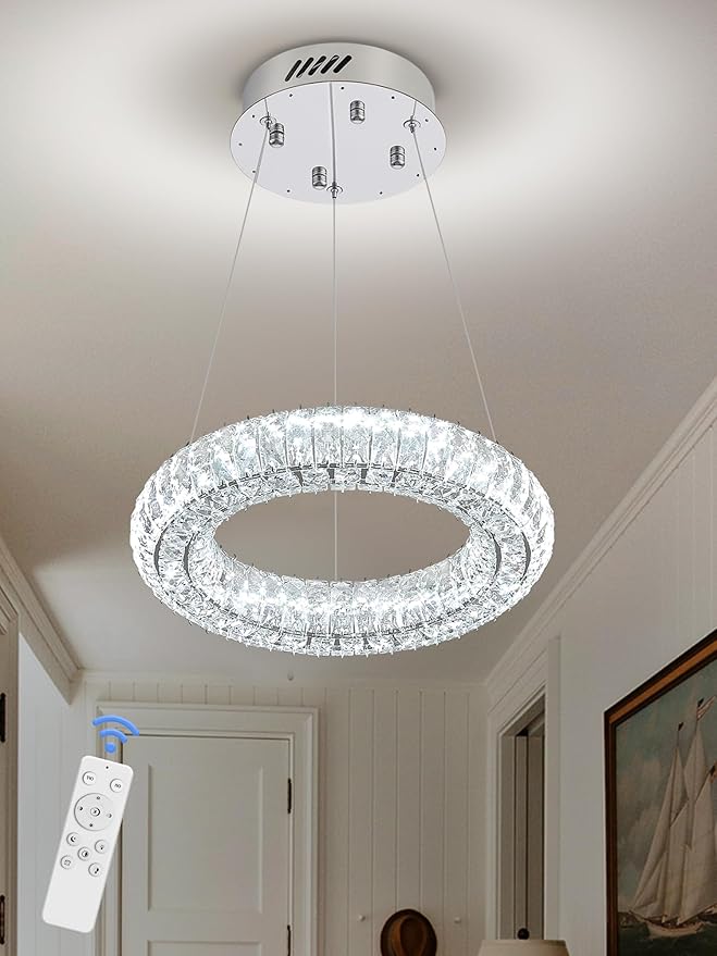 Modern Crystal Chandelier Dimmable LED 7.8" Ring Pendant Light Adjustable Round Chrome Crystal Chandelier Light Fixtures for Dining Room Living Room