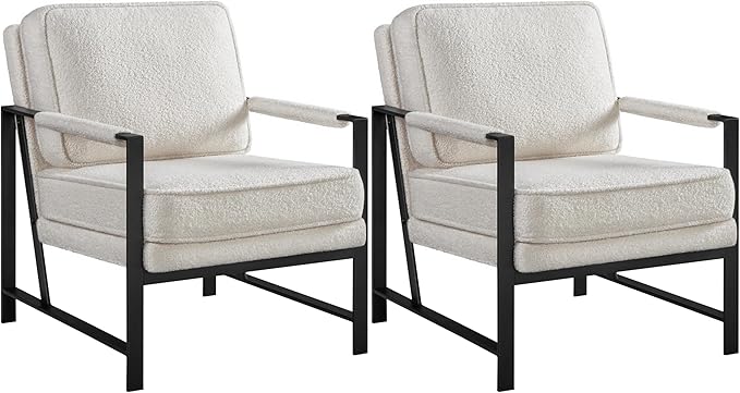 Yaheetech Teddy Boucle Fabric Armchair, Retro Leisure Accent Chair with Extra Soft Padded and Cushion, Modern Reading Arm Chair with Black Metal Frame for Living Room/Office/Bedroom/Study, Ivory, 2PC