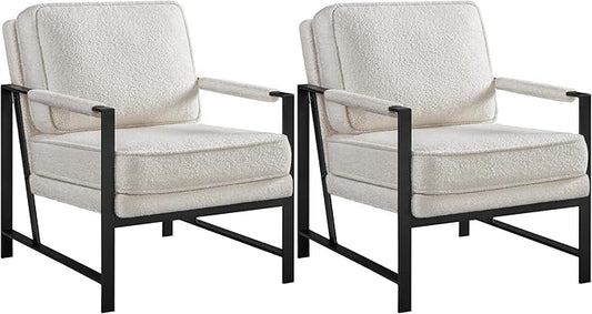 Yaheetech Teddy Boucle Fabric Armchair, Retro Leisure Accent Chair with Extra Soft Padded and Cushion, Modern Reading Arm Chair with Black Metal Frame for Living Room/Office/Bedroom/Study, Ivory, 2PC