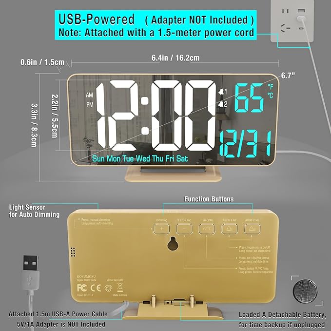 KOSUMOSU Dual Alarm Clock 6.7in Gold Desk Clock with Dimming, 12/24h, Seconds, Date, Day of Week, Temp, Digital LED Clock for Bedroom, Digital Calendar Clocks for Living Room Gold Desk Accessories