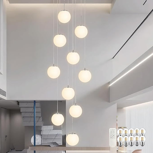 KoKo&Yukina 10 Light Globe Pendant Light Adjustable Hanging Light Staircase Chandelier Milk Glass Pendant Lights with Milky White Glass Shade Globe Lights for Staircase