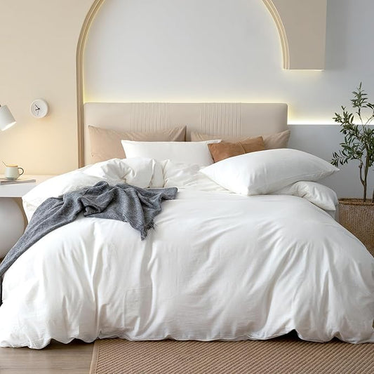 JIYUAN 100% Washed Cotton Duvet Cover Set 3 Pieces Super Queen, 1 Duvet Cover 90x98 Inches(Comforter Not Included) and 2 Pillowcases,Linen Feel Bedding Set Comfy and Breathable,Bright White