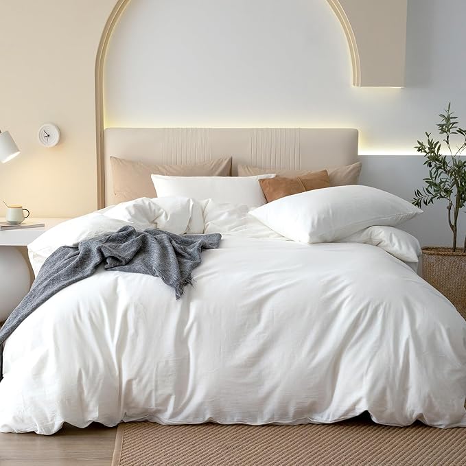 JIYUAN 100% Washed Cotton Duvet Cover Set 3 Pieces Alaska King, 1 Duvet Cover 132x120 Inches(Comforter Not Included) and 2 Pillowcases,Linen Feel Bedding Set Comfy and Breathable,Bright White