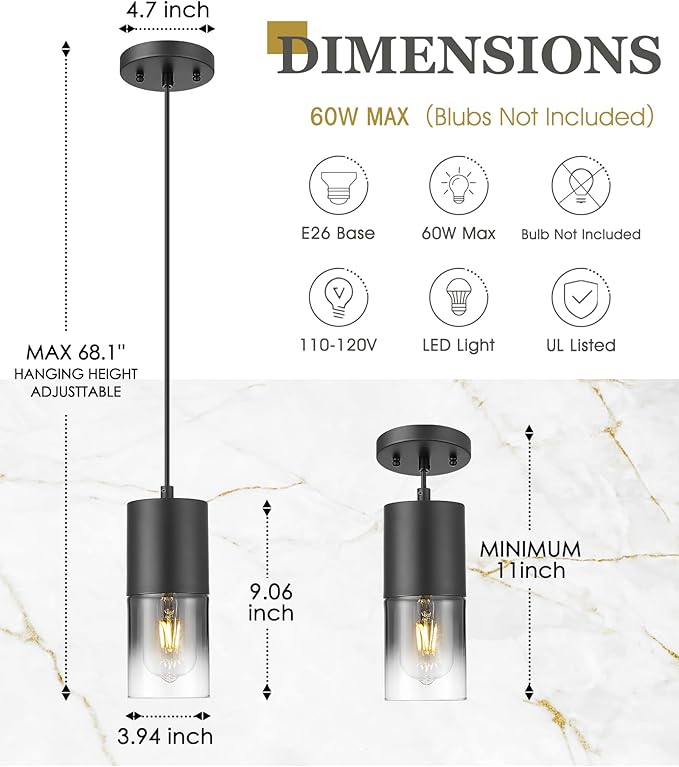 Black Pendant Lights Kitchen Island, Modern Hanging Lights Fixtures with Cylinder Black Gradient Glass, Industrial Kitchen Pendant Lighting Over Island for Dining Room, AD-24023-1P-BK-SM