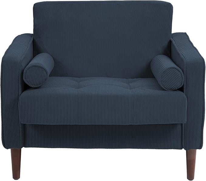UIXE Accent Chair, Corduroy Upholstered Arm Chairs for Living Room, Comfy Armchair Mid-Century Track Armrest Single Sofa Bedroom Reading Seat with 2 Bolster Pillows - Navy Blue, Set of 2