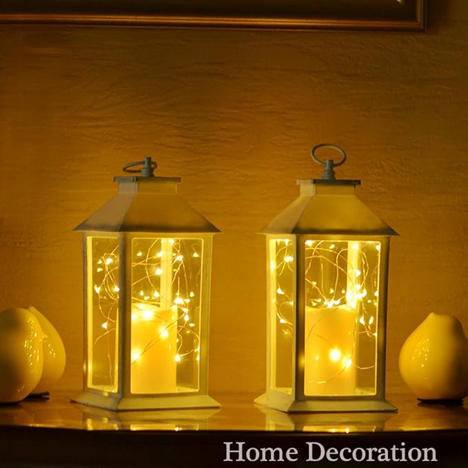 14" Gloden Brushed Vintage Candle Lantern with 30pcs Fairy Light (4 Hours Timer,3 AAA Batteries Included) Hanging Lantern Indoor Outdoor Using Decorative Candle Lanterns Table lanterns