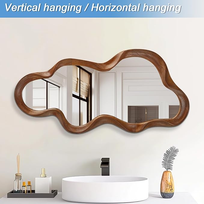 Large Asymmetrical Mirror Irregular Wood Frame Modern Unique Wall Mounted Artistic Wavy Mirrors Decor Bathroom Vanity Bedroom Living Room Entryway Hallway 47"x22"