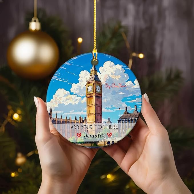 Personalized Text/Name Big Ben Tower Christmas Ceramic Ornament 2025, United Kingdom London Tower Landmark Xmas Ornaments Gift for Traveller Men Women, Custom Big Ben Travel Souvenir Xmas Tree Decor