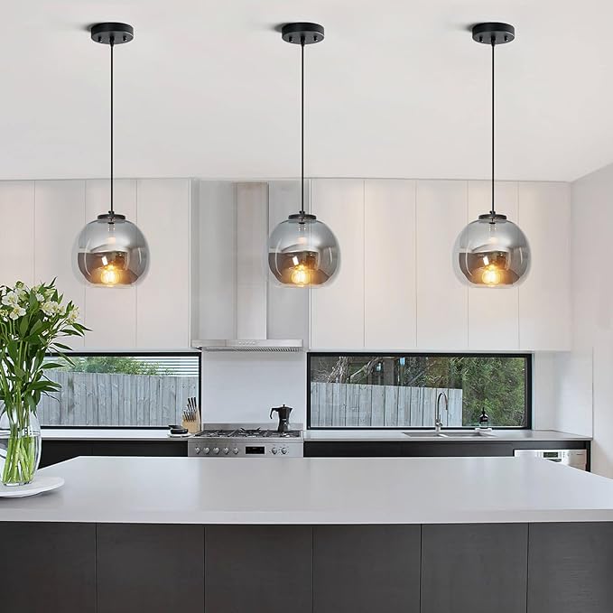 Mirror Smoke Gray Glass Pendant Lights Kitchen Island 2 Pack 7.87" Glass Globe Pendant Light Black Hanging Light Fixture Modern Pendant Lighting for Kitchen Island Bedroom Dining Room