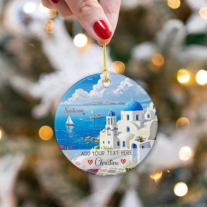 Santorini Greece Ceramic Christmas Ornament 2025, Personalized Santorini Greece Vacation Trip Ornaments, Custom Name/Text Beach Travel Xmas Tree Decorations, Thira Thira Island Ornaments for Mom Dad