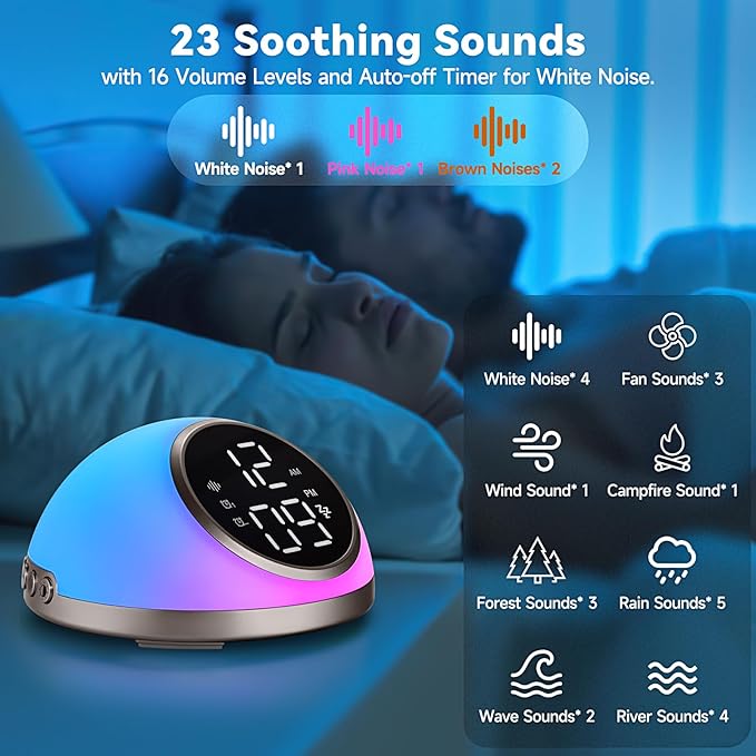 Alarm Clocks Bedrooms Sleep Sounds, Digital Dual Alarm Clock Bedroom, Bedside Alarm Clock Adjustable Brightness Button/App Control Night Light White Noises 12/24H Up to 10 Alarms, Silver