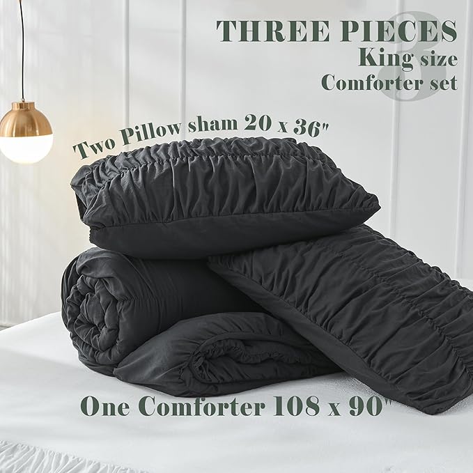 Bonlino King Size Comforter Set - Ruched Black Comforter King Bed Set Boho Shabby Chic Bedding - Fluffy 3 Piece Ruffle Comforter Set with Pillow - Soft and Luxury