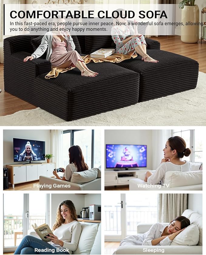 Oversized Double Chaise Lounge, Corduroy Boneless Couch, Modern Oversized Chaise Lounge, Upholstered Sleeper Sectional Sofa Daybed with Throw Pillows and Armrest for Living Room, Black