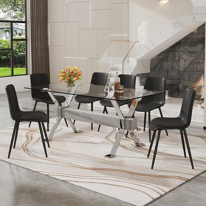 71'' Glass Dining Table Set for 6,7 Piece Dining Table Set with Tempered Glass Tabletop and Open‑Frame X‑Shaped Metal Base,Kitchen Table and Chairs Ideal for Dining Room&Home Office