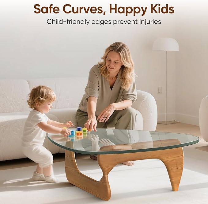 Triangle Glass Coffee Table with Solid Wood Base, 0.8'' Thick Clear Glass Top, 51'' Width Mid Century Modern Coffee Table for Living Room Bedroom Reception (Light Walnut)