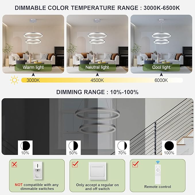 2-Rings Modern LED Chandelier Silver for Dining Room, Circular Flush Mount Ceiling Chandelier Light Dimmable Pendant Light with Remote Control for Living Room Entrance Foyer, 3000K-6500K