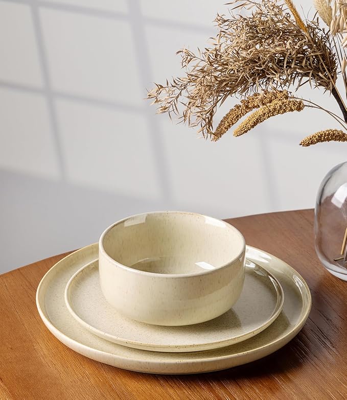 TheTerra Ceramic Dinnerware Sets for 4, 12 Pieces Handmade Reactive Glaze Plates and Bowls Set, Scratch Resistant Dish Set, Oven & Microwave & Dishwasher Safe