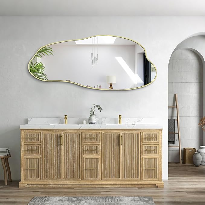 Large Irregular Mirror, 51.1"x25.59" Asymmetrical Mirrors, Abstract Wall Mirror Decorative, Gold Wavy Shaped Mirrors for Living Room Bathroom Bedroom Hallway Entryway Fireplace
