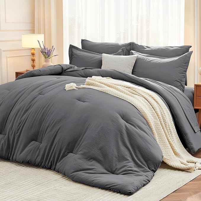 MUXHOMO 5 Pieces Twin Comforter Set, Soft Bed in a Bag Twin Size, All Season Bedding Set with Comforter, Flat Sheet, Fitted Sheet, Pillowcases & Shams, Dark Grey