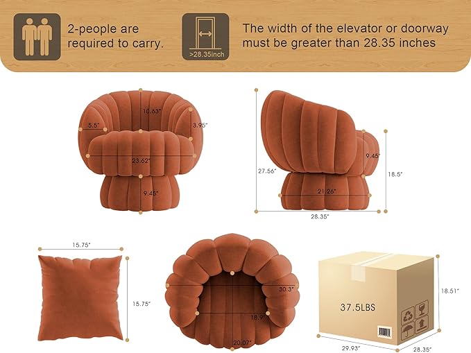 Mid Century Modern 360 Degree Barrel Swivel Accent Sofa Chair,Fluffy Velvet Fabric Lounge Wide Upholstered Pumpkin Reading Chair, Round Cloud Armchair for Living Room,Bedroom,Vanity(Burnt Orange)