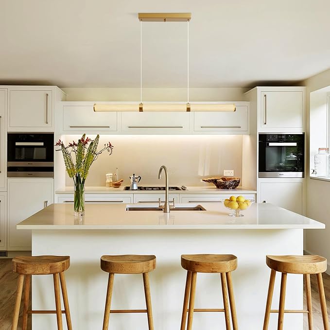 Modern Linear Chandelier Gold Linear Pendant Light Fixture, LED Dimmable Island Chandelier for Kitchen Island, Dining Room, and Living Room, Easy to Install.