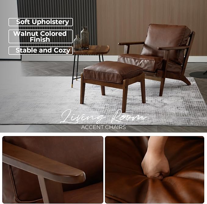 Living Room Accent Chairs Set of 2 Mid Century Modern Reading Arm Chair with Ottoman, PU Leather Bedroom Chair with Soild Wood Frame, Elegant Upholstered Side Chair, Brown-PU
