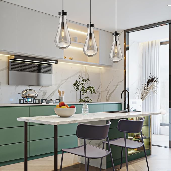 Raindrop Pendant Lights Kitchen Island Set of 2 Teardrop Black Hanging Light Fixtures Clear Solid Glass Pendant Light Modern Chandeliers for Dining Room Porch Corridor Living Room…