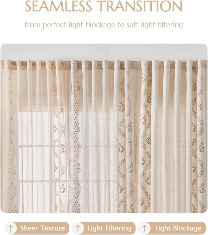 jinchan Belrose Linen Sheer Curtains for Living Room 63 Inch Length Sheer Voile Embroidered Floral Curtains for Bedroom Light Filtering Rod Pocket Window Treatments Farmhouse Decor 2 Panels Beige