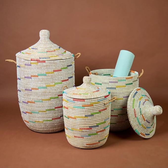 Basket for Decor, Organizing, Storage - Living Room Blankets, Nursery Toys, Laundry, Towels, Pillows, Comforter, Cushion - Wicker, Woven, Round, Lid and Handles, Colors on White (3pcs Set)