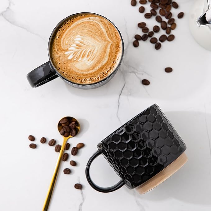 GBHOME 12OZ Stackable Coffee Mugs with Stand, Ceramic Coffee Mugs with Texture Patterns for Man,Woman,Dad,Mom, Modern Coffee Cups Set of 4 for Latte/Cappuccino/Cocoa. Dishwasher&Microwave Safe,Black