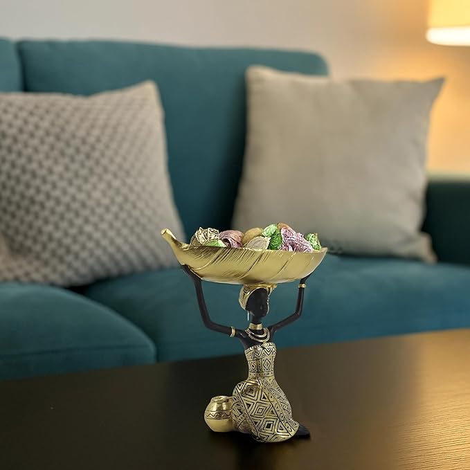 African Woman Resin Statue Holding Leaf Bowl – Golden Tribal Kneeling Figurine for Jewelry Tray, Snack Holder, Home Shelf Decor